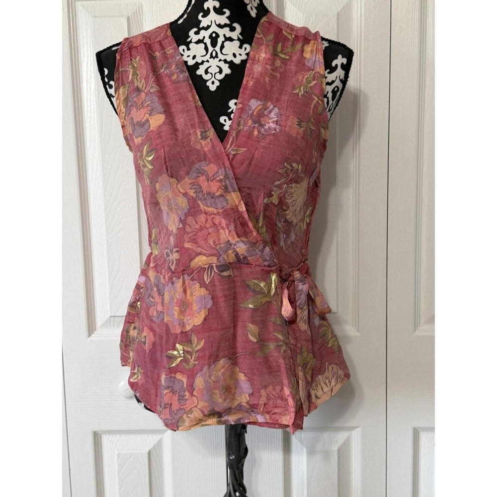 Harve Benard Pink Floral Sleeveless Wrap V Neck Tie Waist Blouse RBW76A Small